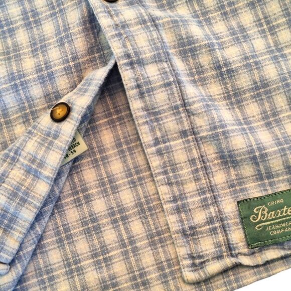 Baxter Brand Natural Clothing Shirt Linen Cotton Blend Blue Plaid L Band Collar - Picture 7 of 15